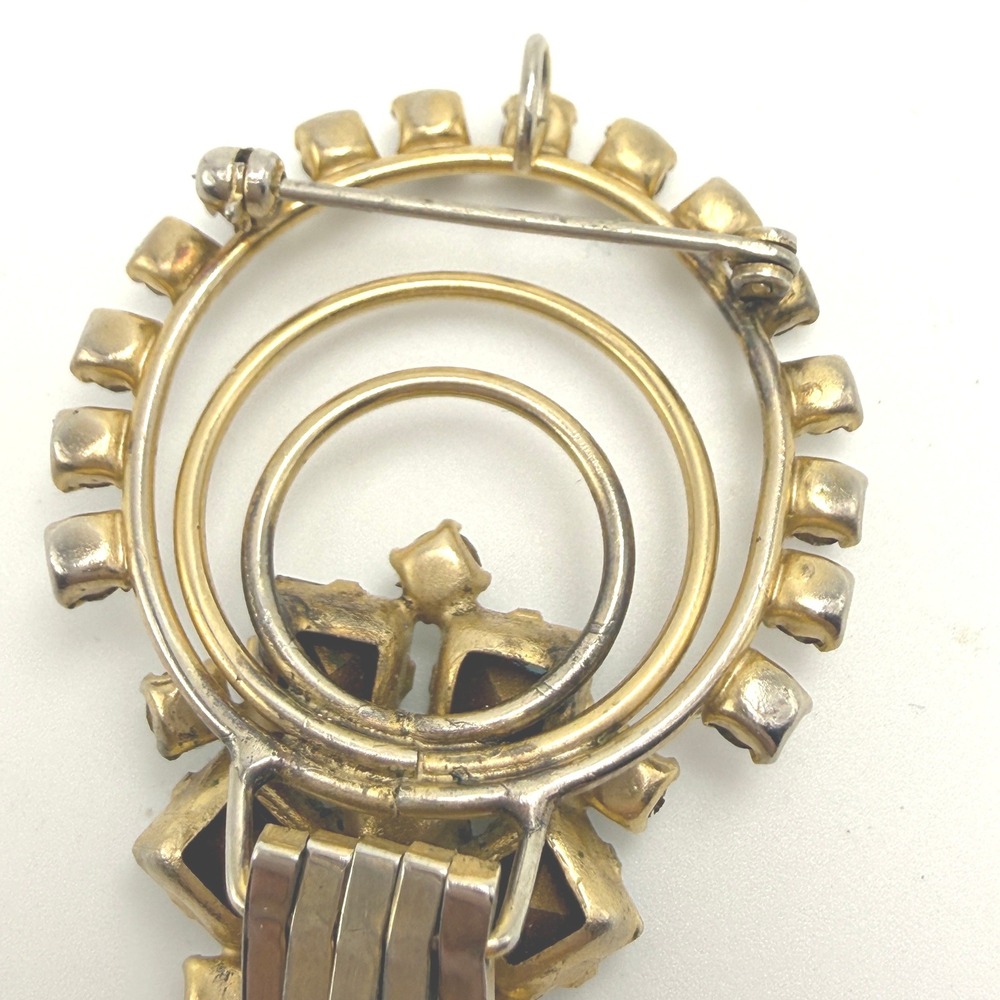 Art Deco Brooch Pendant 40s 50s Women OS Gold Teal Rhinestone Good Vintage - Picture 6 of 11